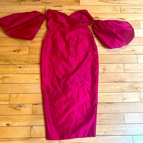 ALIEVA Hot pink puff sleeve cocktail‎ midi dress! Prom, party, showstopper! - Picture 2 of 8
